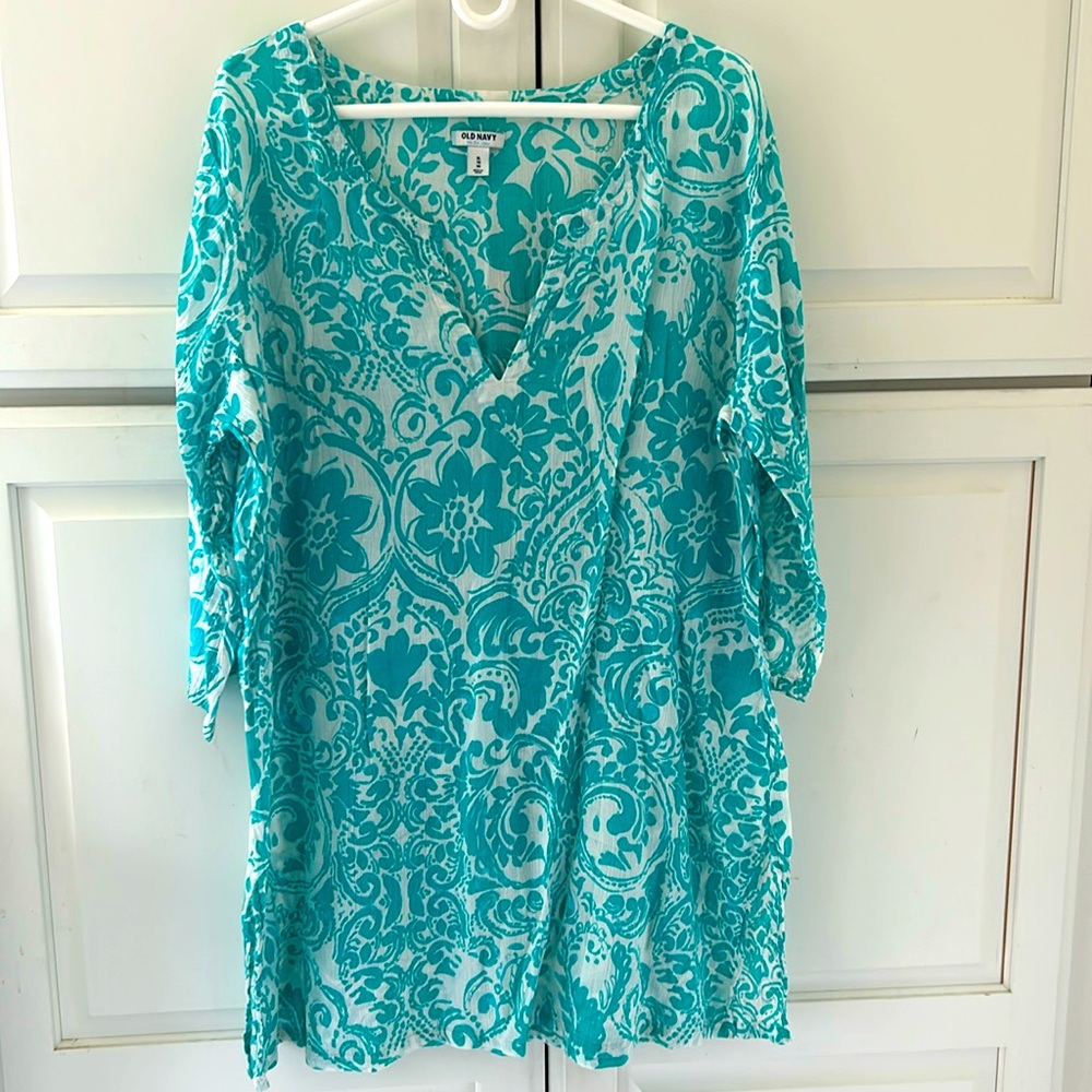 Old Navy Tunic Blouse Shirt Teal White Floral XL